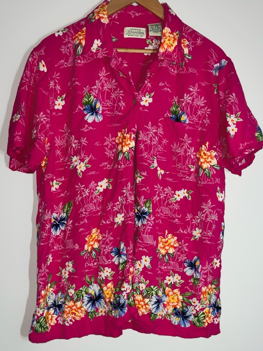 Vintage Bright Pink Hawaiian Floral Button-Up Shirt